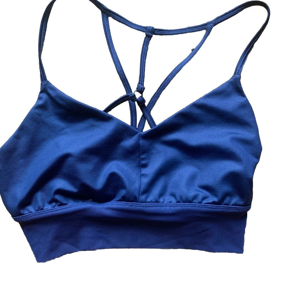 Alo Yoga Strappy Lavish Sports Bra in Navy Blue XS Running Sporty Mesh Hem Athle